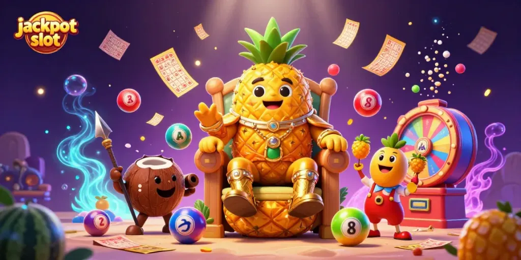 Experience the thrill of jackpot slot with golden characters and dynamic game elements in a vibrant casino scene.