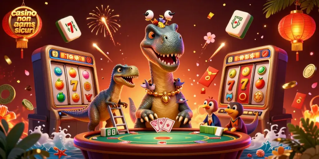 Giocare ai casinò non AAMS sicuri con un brontosauro e un raptor che distribuiscono carte.