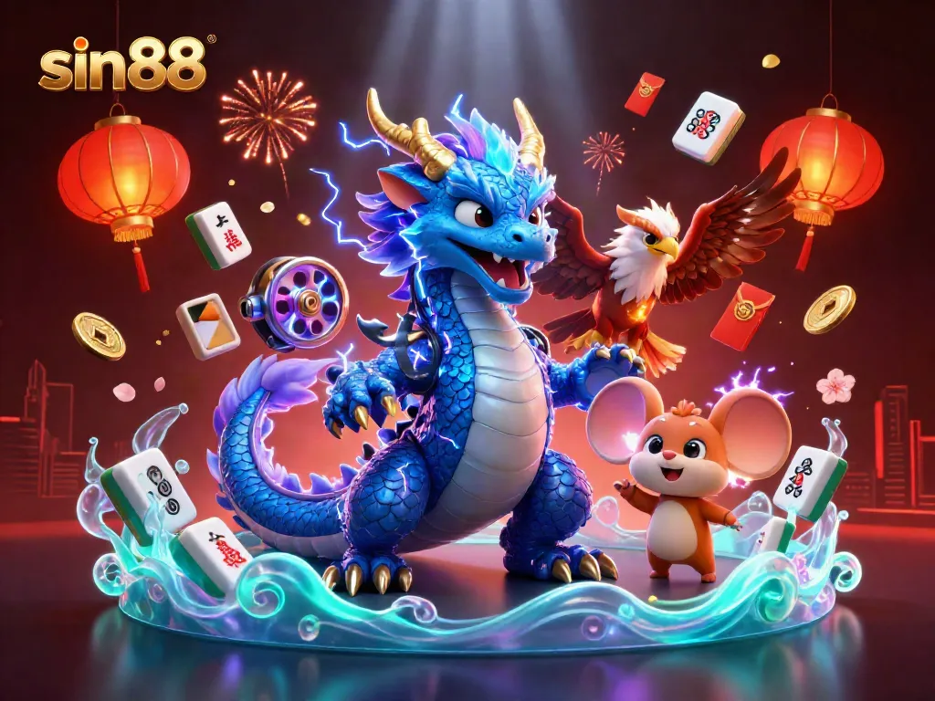 Engaging scene showcasing sin88 featuring slots, a thunder dragon, and vibrant 3D elements in action.
