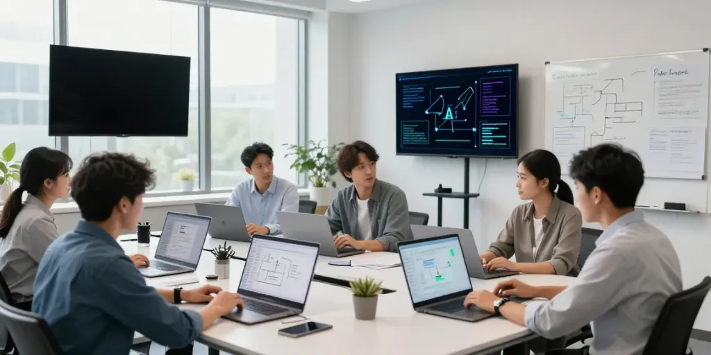 Team collaborating on Enterprise AI solutions in a modern office.
