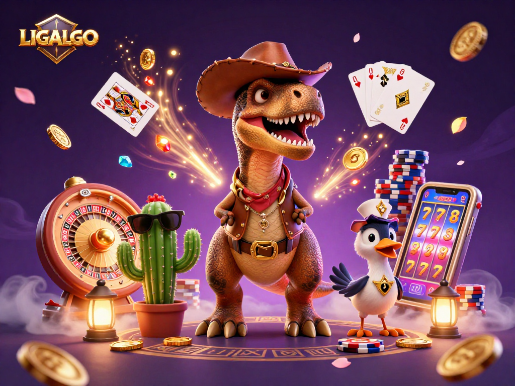 LIGALGO features a 3D cartoon T-Rex cowboy surrounded by casino elements, conveying exciting gameplay.