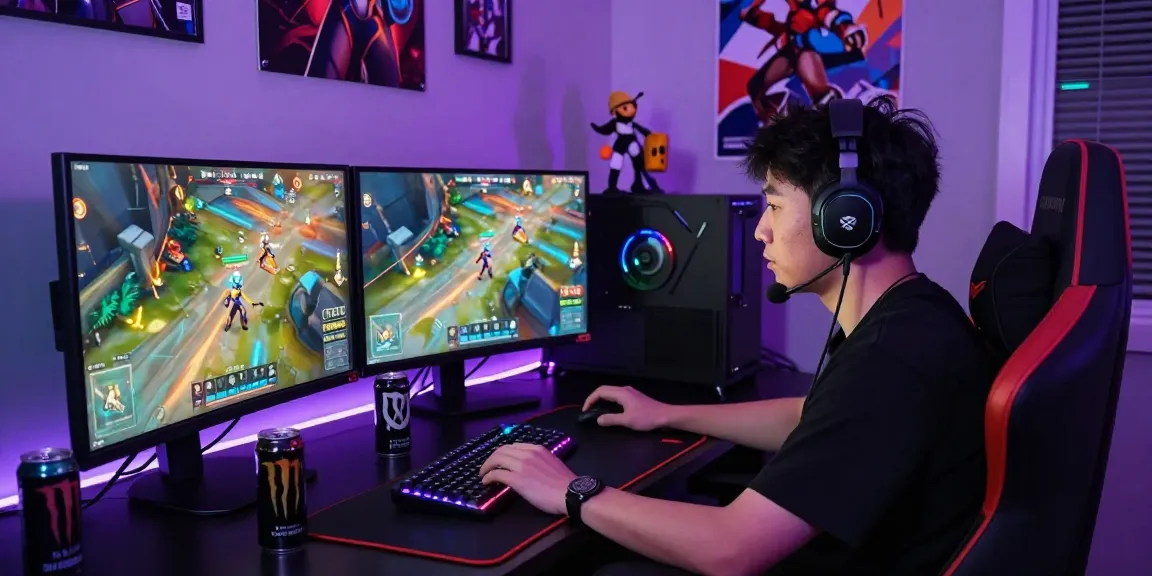 Engaged gamer using Overwatch 2 Hacks in a vibrant gaming setup with dual monitors and RGB lighting.