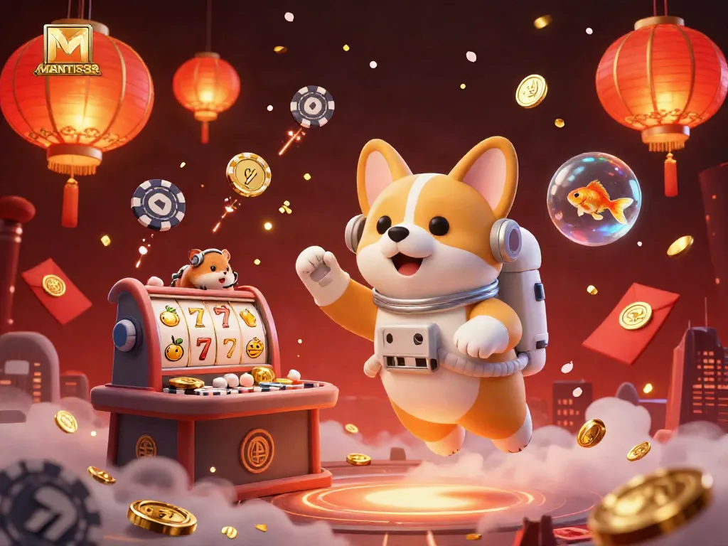 MANTIS88 delivers an immersive casino experience with floating game elements and lively characters in a dynamic scene.