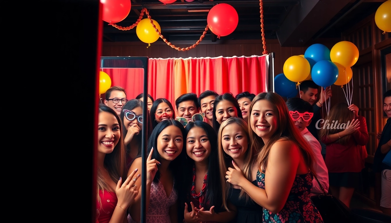 Guests enjoying a lively photo booth rental Chicago experience at a festive event.