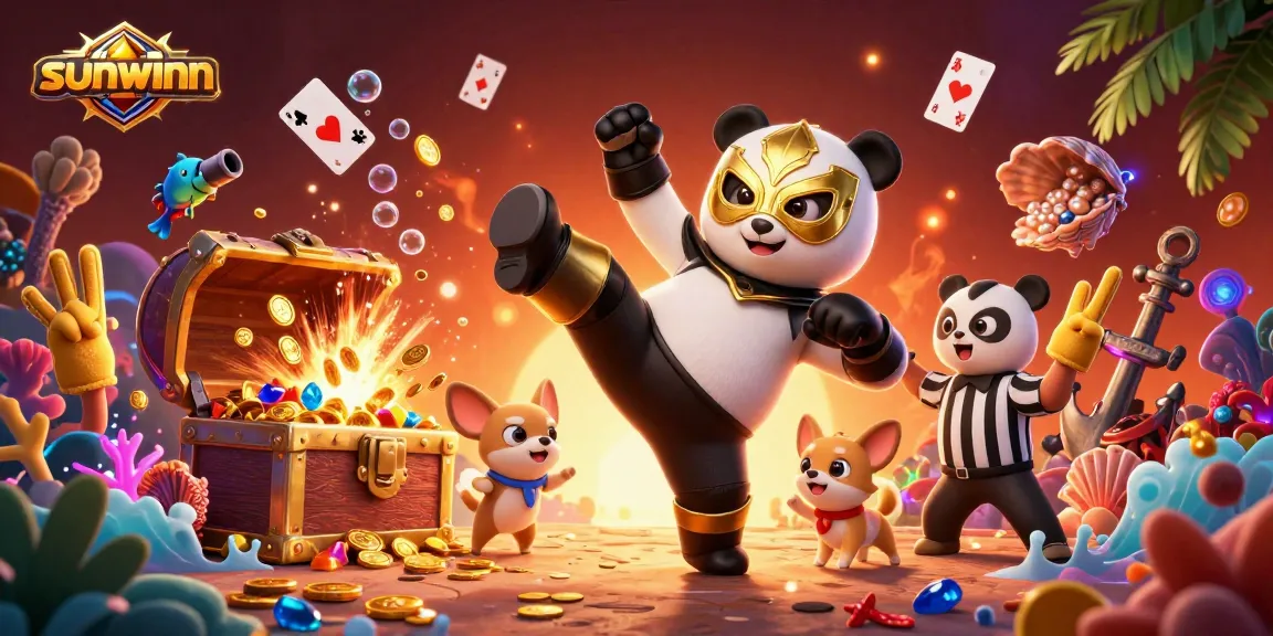 Experience thrilling action with Sunwinn's vibrant 3D casino illustration showcasing dynamic characters and gaming elements.