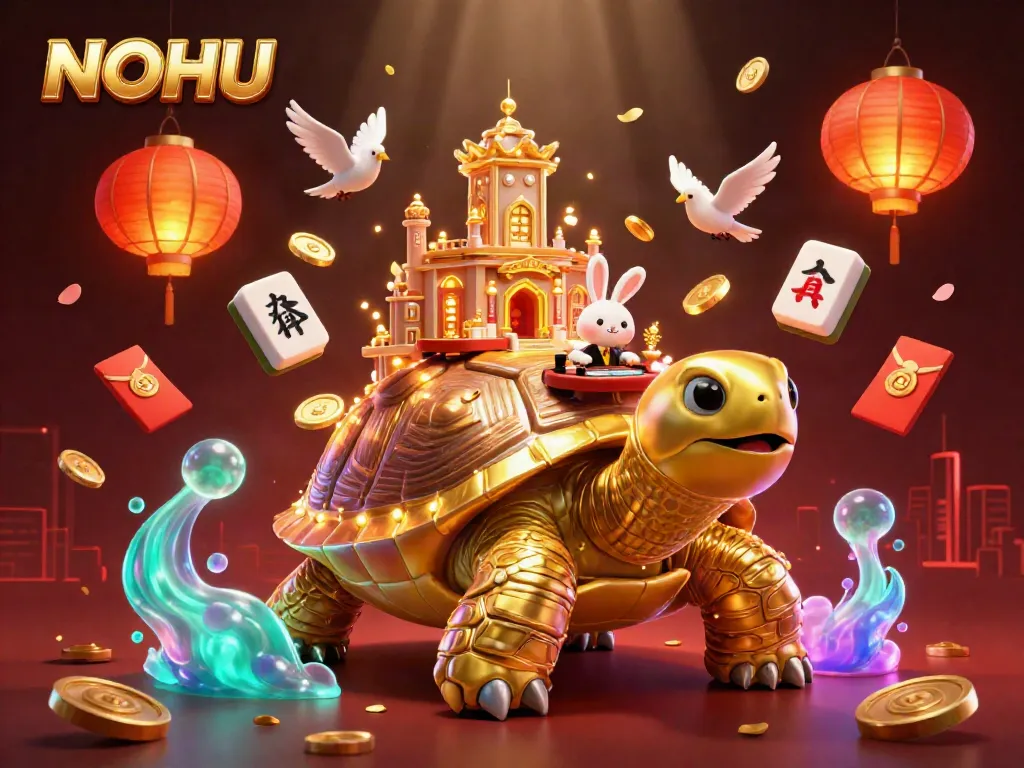 Experience the excitement of the NOHU casino with a 3D illustration featuring a golden tortoise and immersive game elements.