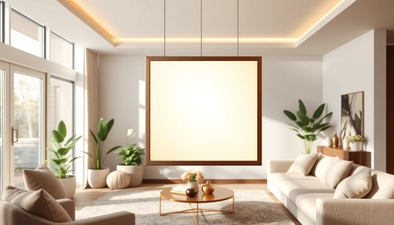 Stylish square light fixture illuminating a modern living room with warm decor.