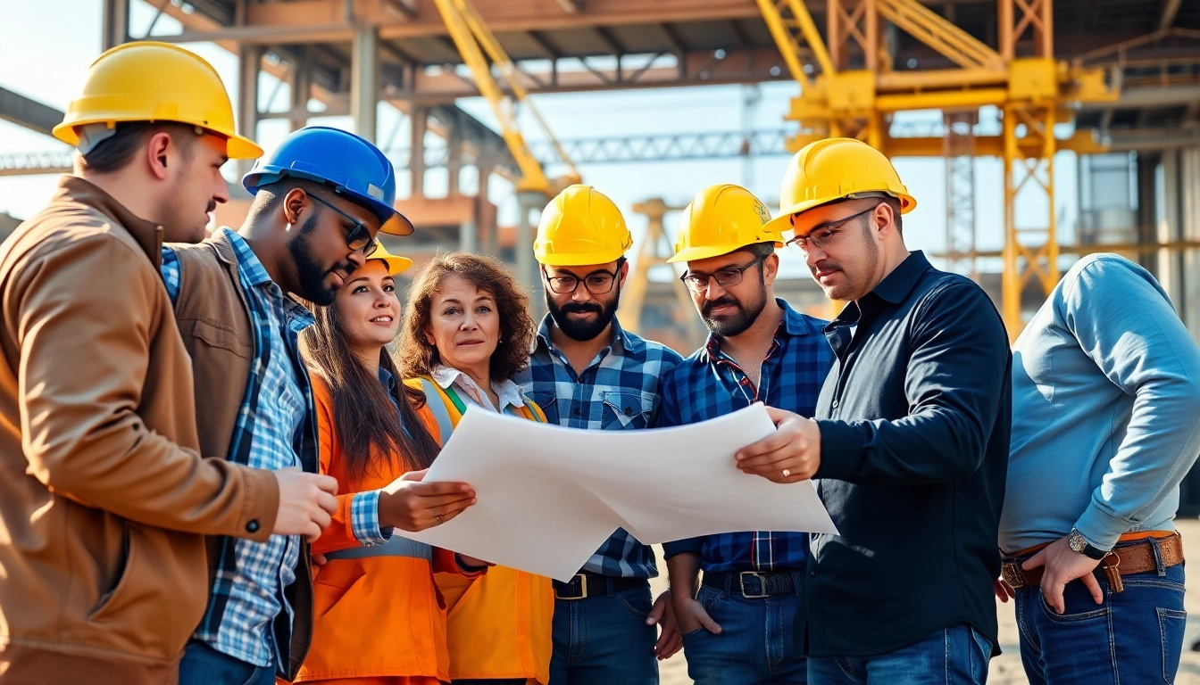 Construction association workers collaborating on-site with tools and blueprints.