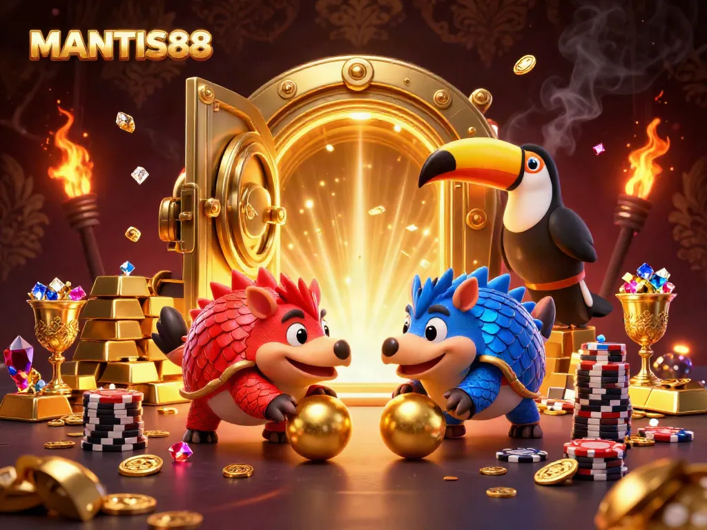 MANTIS88 pangolins engage in a fun bowling game amid colorful poker chips and glittering treasures.