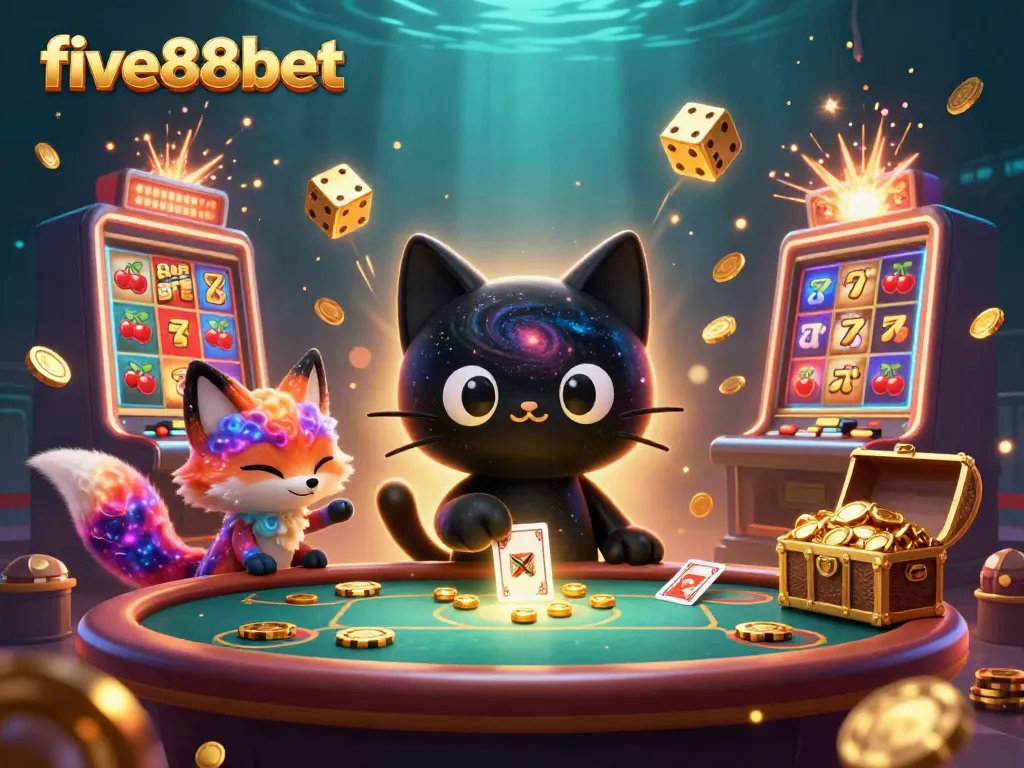 Experience the thrill of five88bet with a dynamic cosmic casino scene featuring a black hole cat and colorful gas fox.