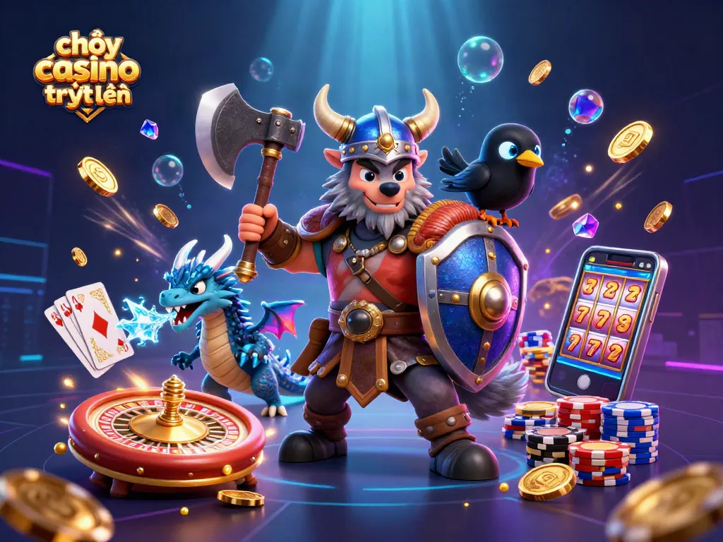 Chơi casino trực tuyến với hình ảnh 3D sống động của chiến binh sói Viking, rồng và nhiều yếu tố trò chơi.