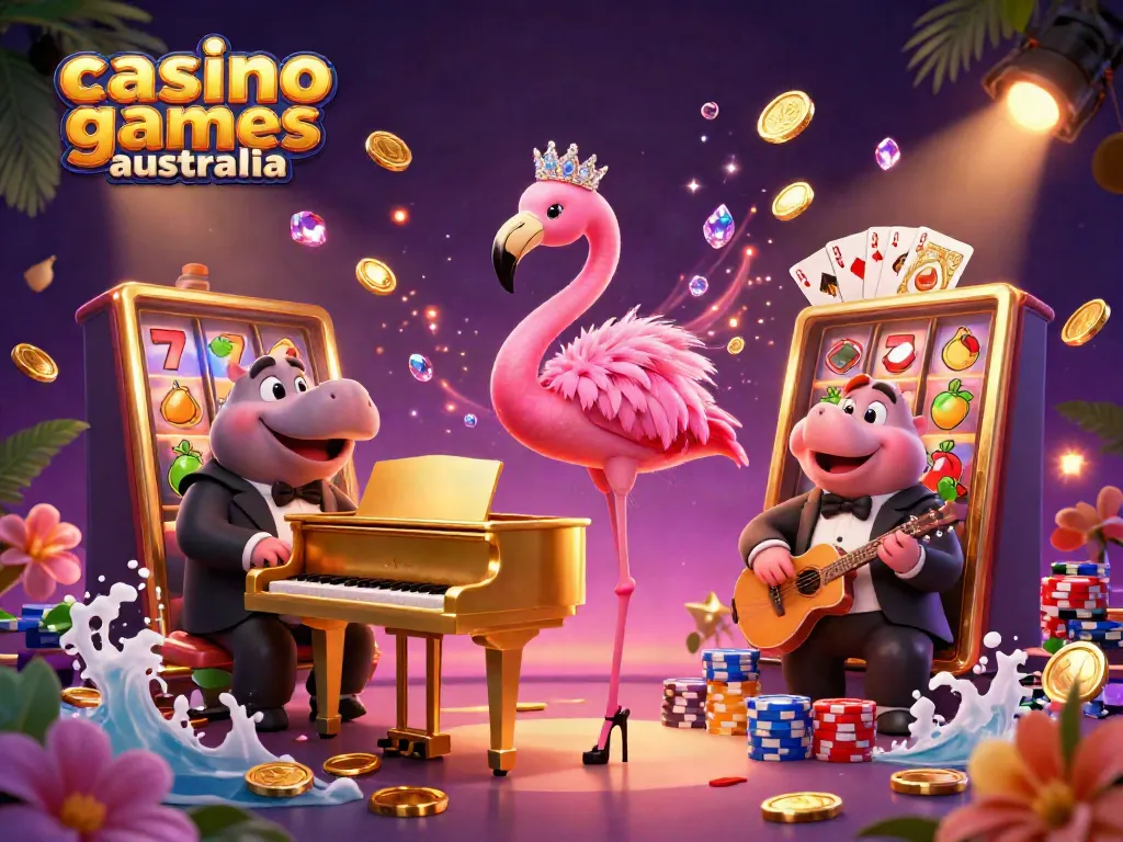 Experience vibrant casino games Australia with a lively flamingo performer and hippo bassist, surrounded by slot reels and gold coins.