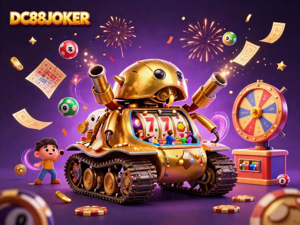 Experience the vibrant excitement of DC88JOKER with a golden beetle tank loaded with mini casino action and celebratory elements.