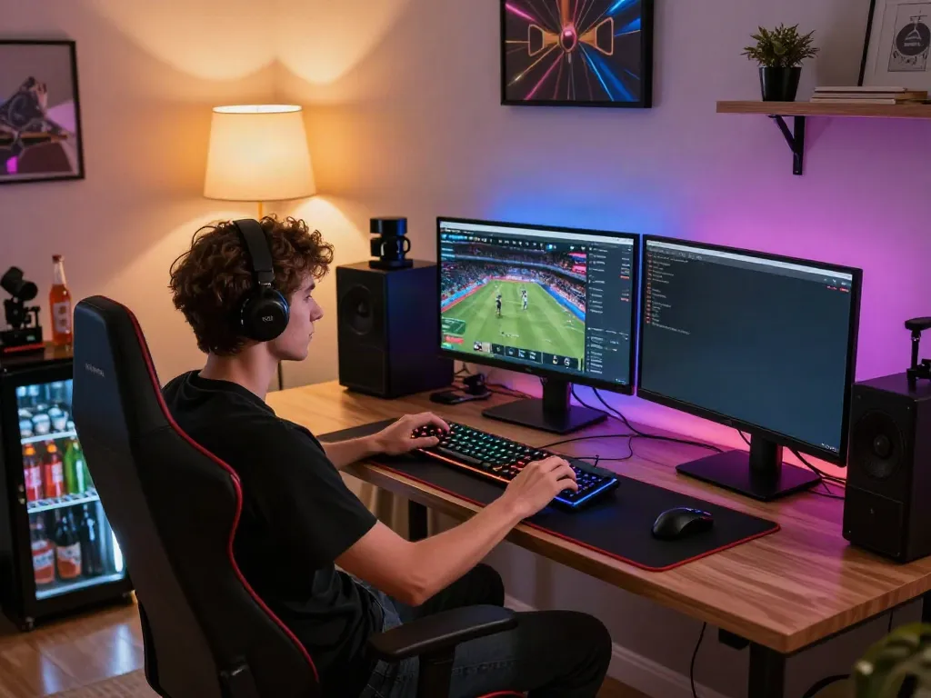 Dynamic online betting experience at RED88 with multiple screens, gaming chair, and vibrant room lighting.