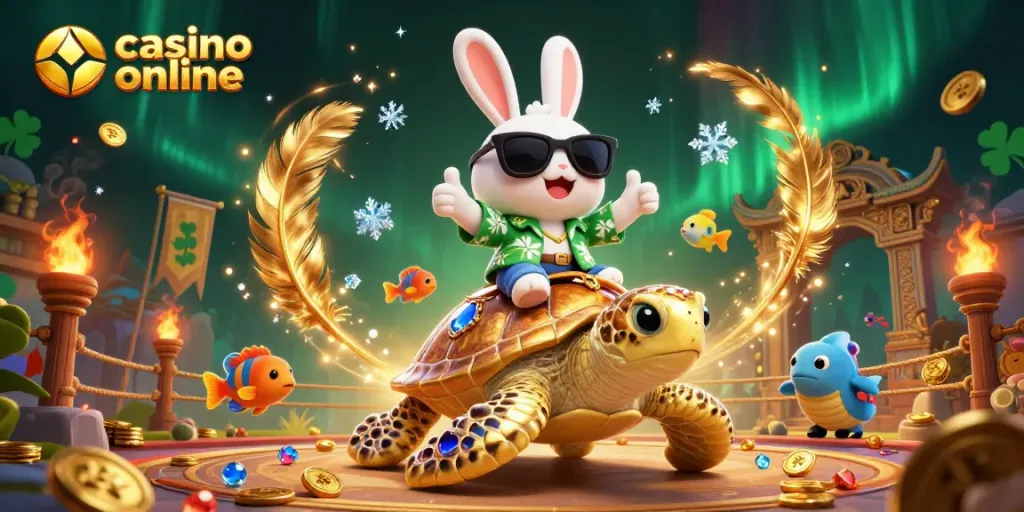 Juega en un casino online y gana más con la suerte del conejo afortunado sobre una tortuga dorada.