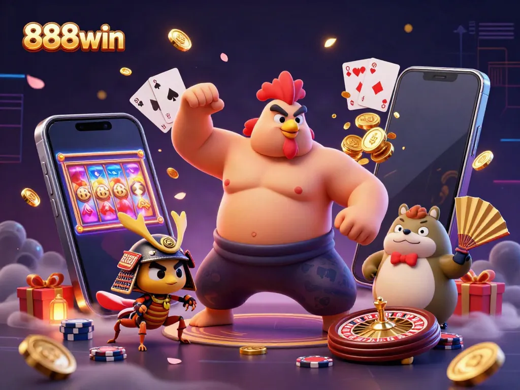 Engage with 888win's exciting atmosphere featuring a powerful sumo rooster and samurai cricket surrounded by vibrant slot games.