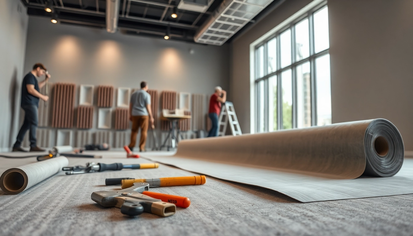 Installing mass loaded vinyl in a soundproofing project with professional tools and techniques.