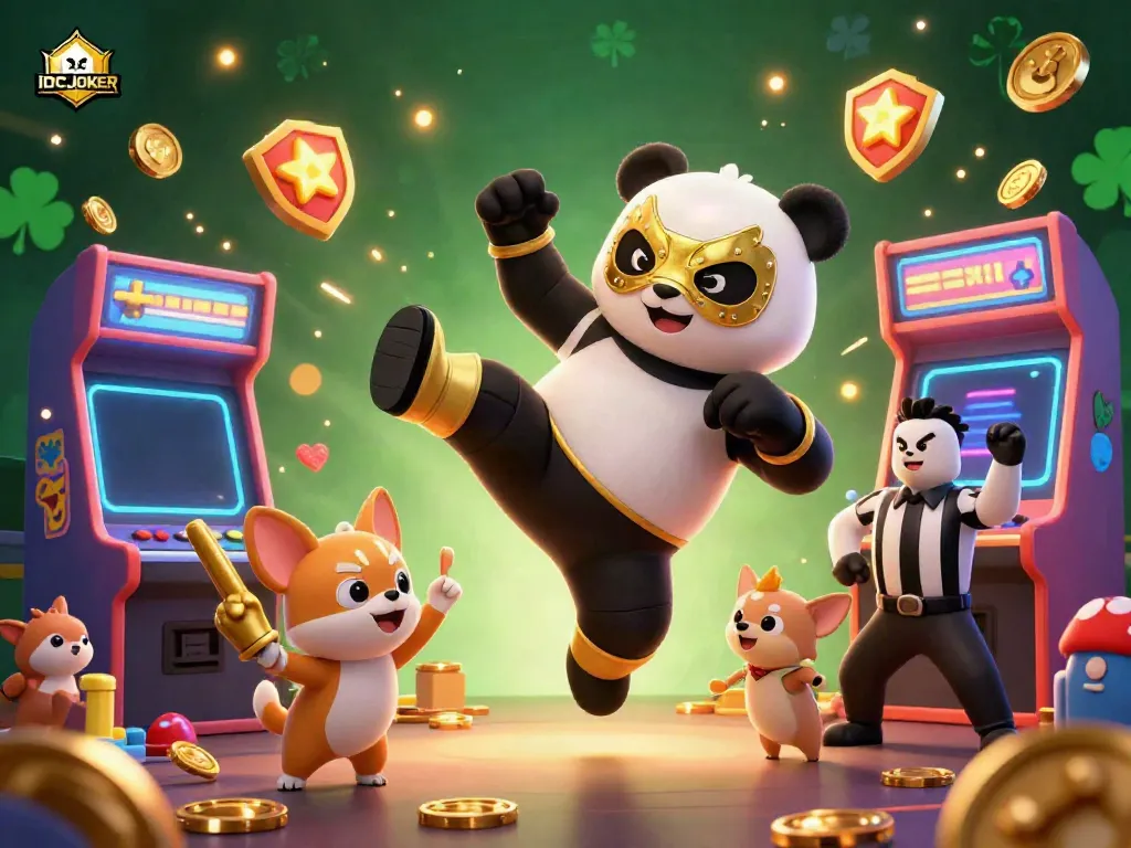 IDCJOKER presents an energetic 3D scene with a panda in a lucha libre mask, highlighting the excitement of virtual gaming.