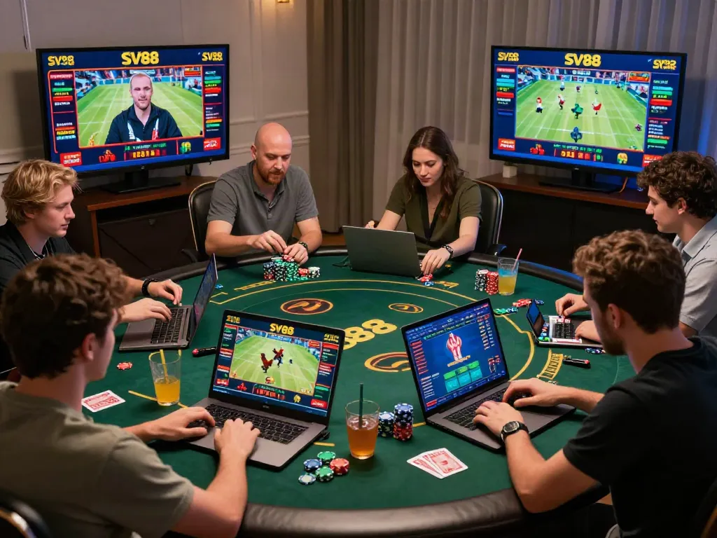 Engaged players enjoying SV88 online gaming experience, showcasing diverse activities and promotions.
