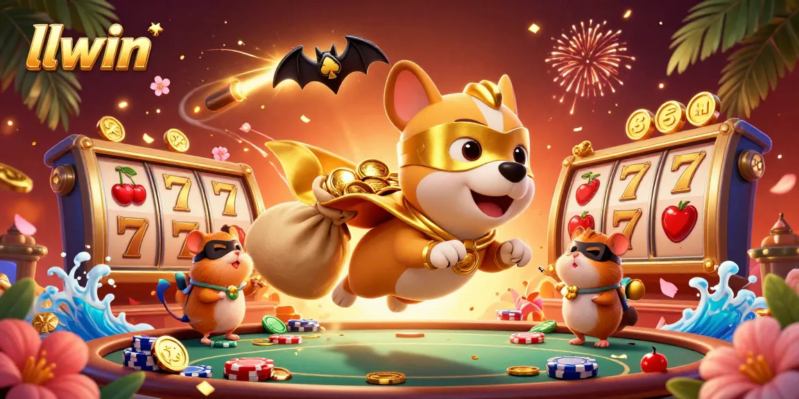 Experience the excitement at llwin with a dynamic digital casino scene featuring superhero characters and slot game symbols.
