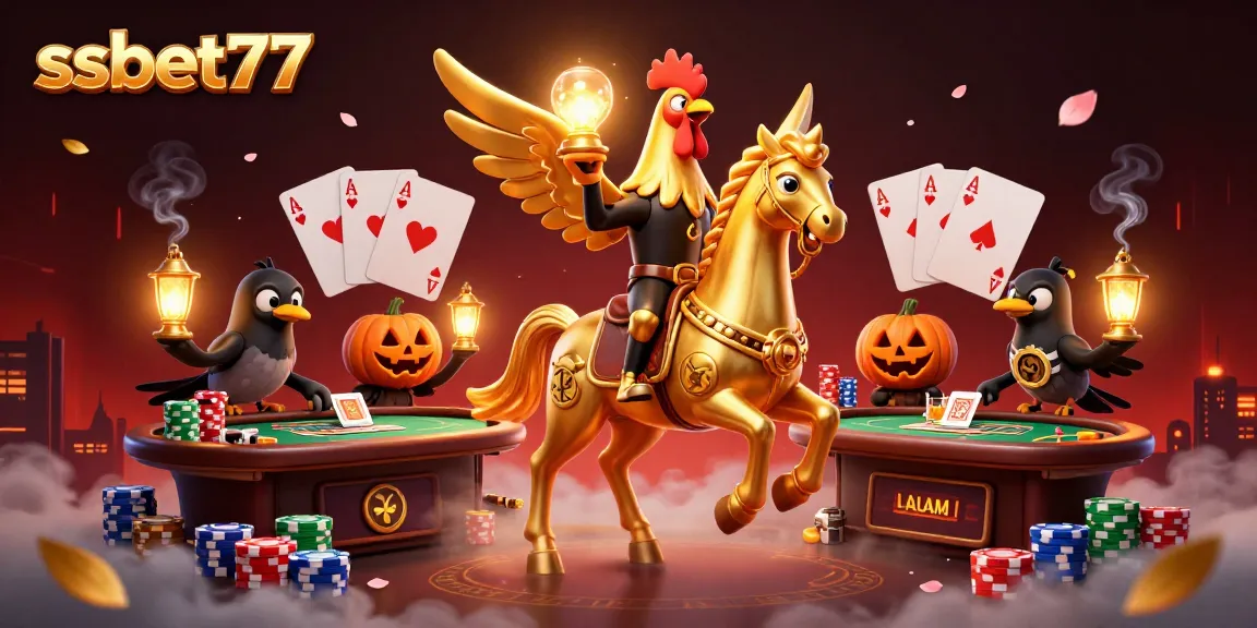 Engage with exciting games at ssbet77 in a vibrant casino illustration featuring a golden rooster.