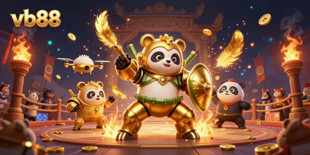 Engage with vb88's thrilling gaming scene featuring a golden panda in a mech suit