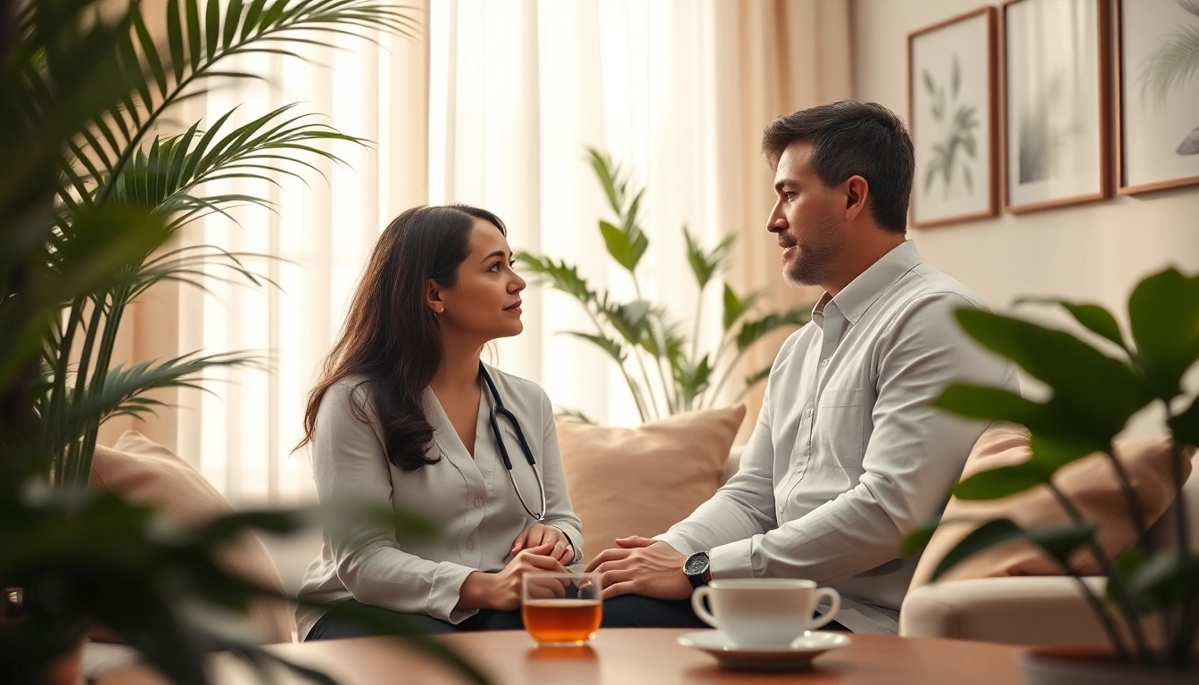 Therapist supports client coping with stress and anxiety in serene clinic environment.