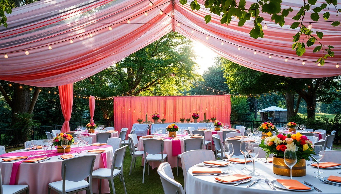 Experience engaging Outdoor Party Rentals with beautifully arranged tables and tents for a festive atmosphere.