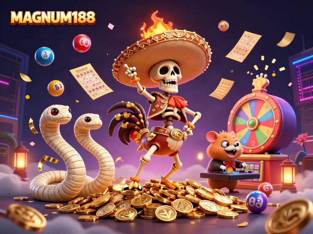 Experience the thrill of MAGNUM188 with a vibrant 3D illustration of a celebratory skeleton mariachi and dynamic gaming elements.