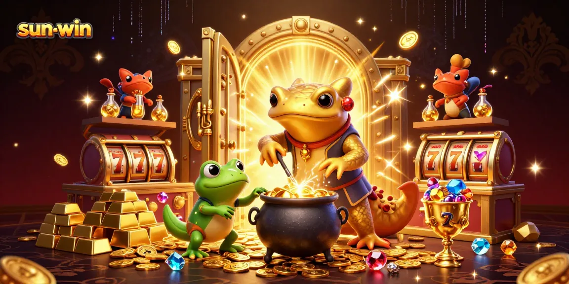 Experience the excitement of sun-win casino with a colorful 3D illustration showcasing magical elements and gold treasures.