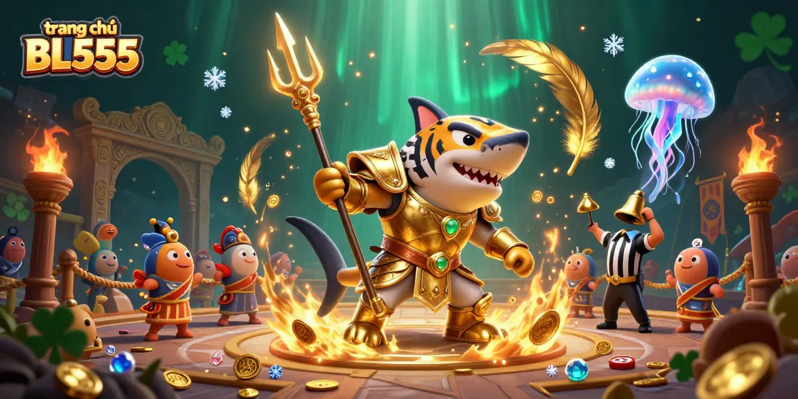 Experience captivating gaming at trang chủ BL555 with a vibrant underwater casino scene featuring a golden shark warrior.