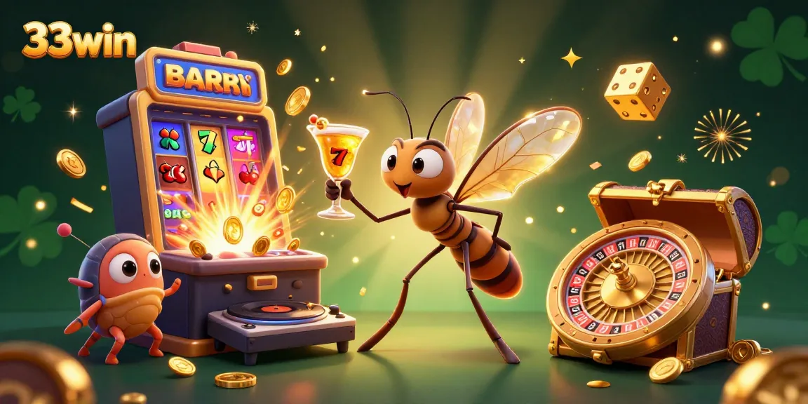 33win showcases a vibrant casino scene with a frozen mosquito mascot and thrilling slot machine action.
