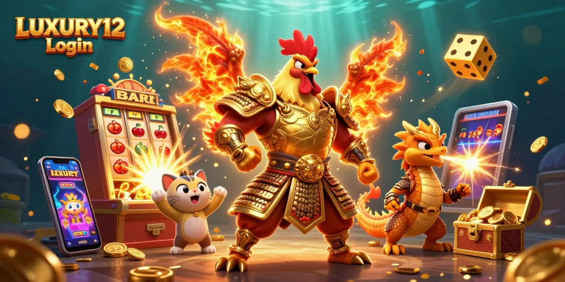 Rasakan sensasi LUXURY12 Login di mesin slot 3D dengan naga dan pejuang ayam bertarung.
